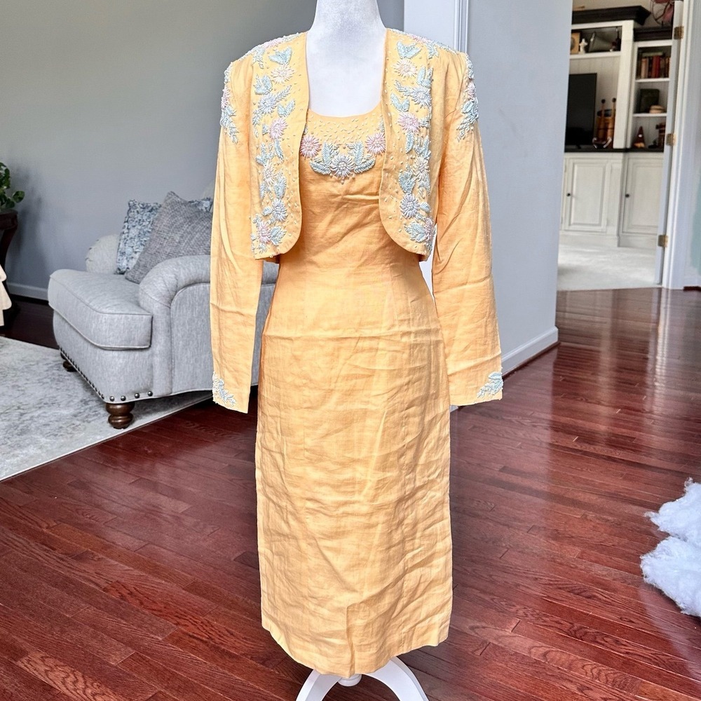Vintage 2000s Pia Rucci Yellow White Beaded 2 Piece Dress & Jacket Matching Set